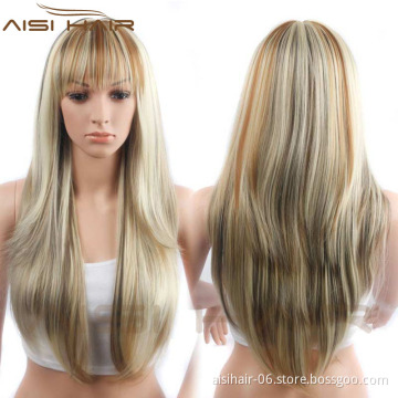 Aisi Hair Factory Price Long Silky Straight Synthetic Mixed Blonde Wigs With Neat Bang